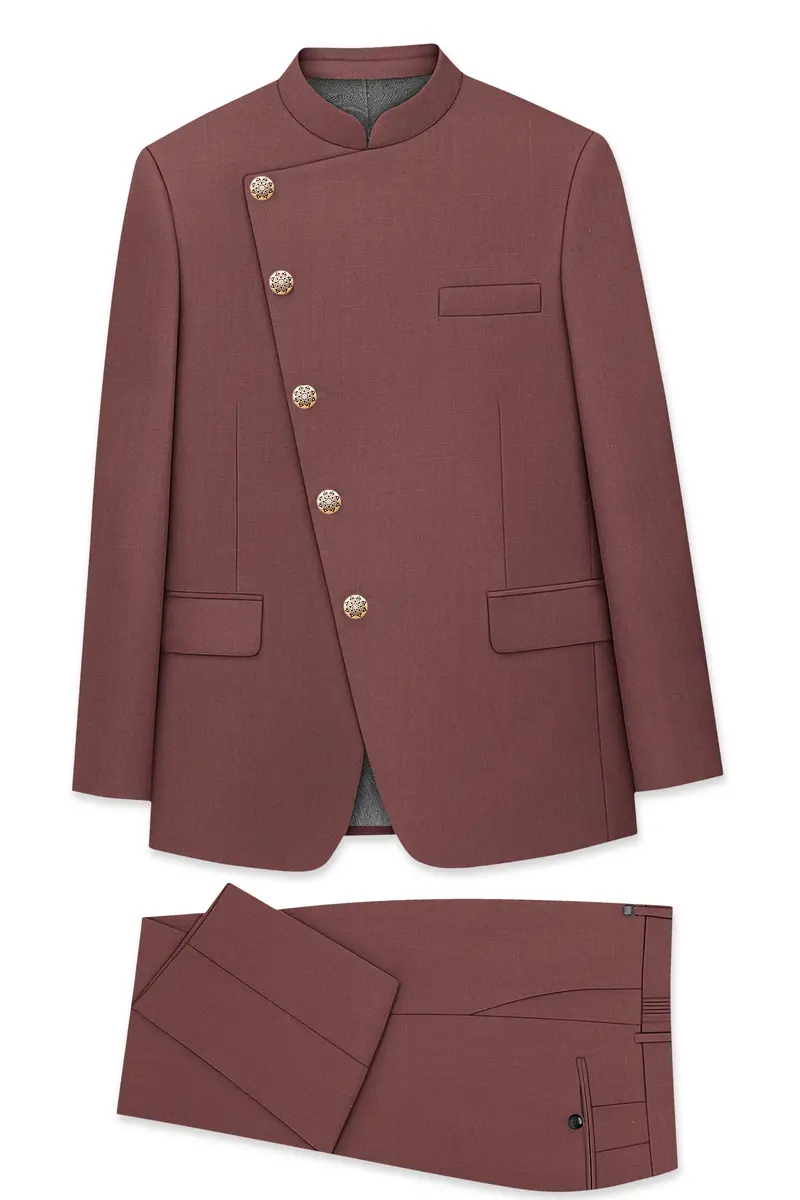 Heritage-Finch Maroon Wool Rich Cross Placket Bandhgala Slight Stretch Suit 10