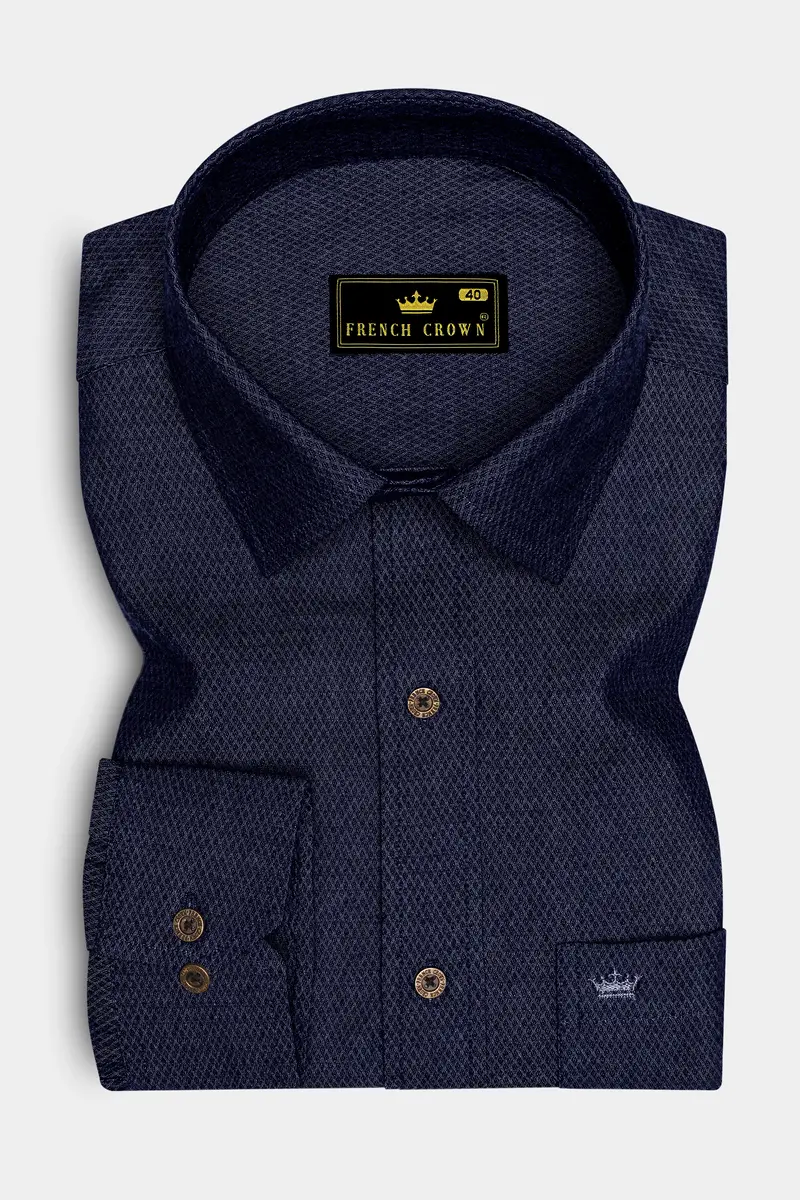 Hexivra-Cinder Denim Blue Honeycomb Dobby Textured Super Soft Premium Cotton Casual Shirt 4