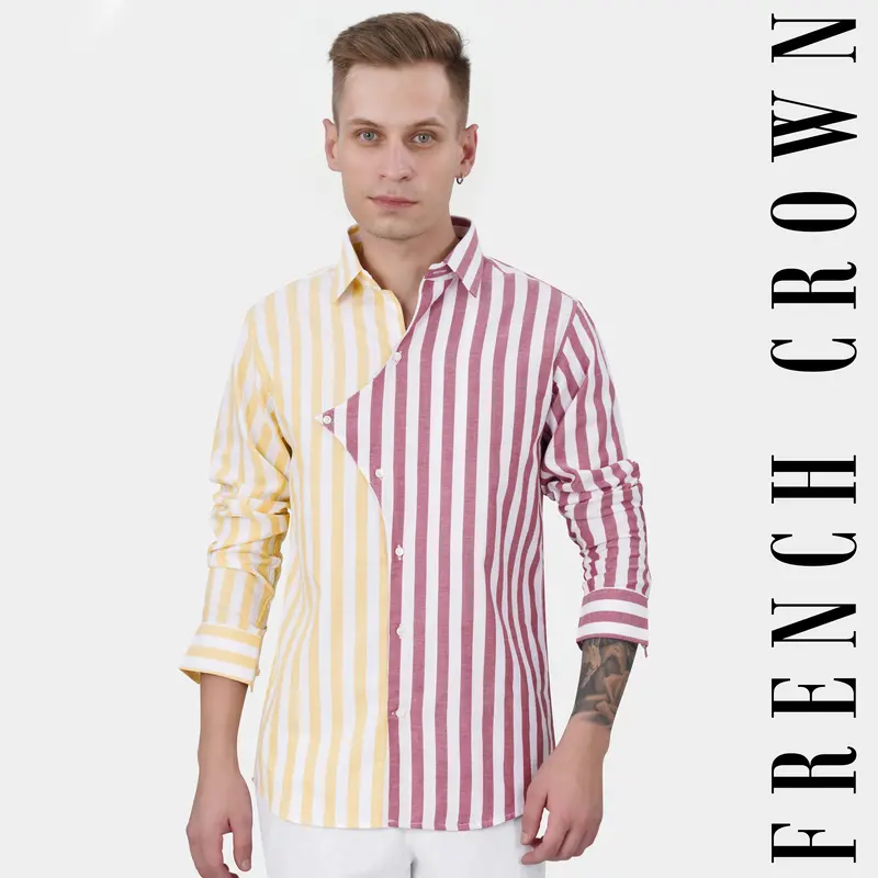 Hibiscus Pink With White And Navajo Yellow Striped Dobby Textured Premium Giza Cotton Designer Shirt 1