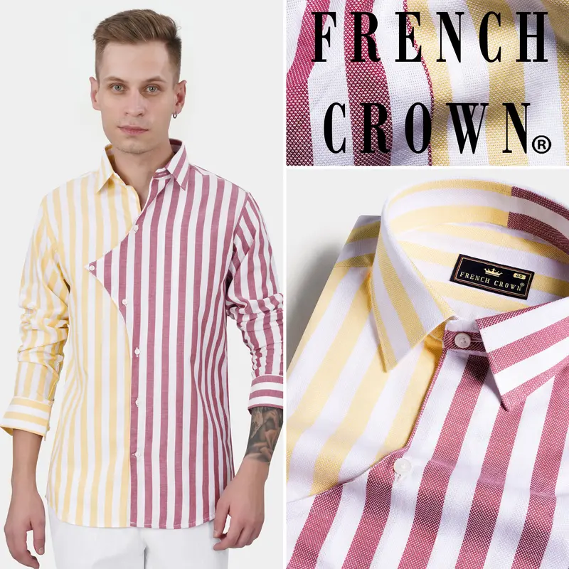 Hibiscus Pink With White And Navajo Yellow Striped Dobby Textured Premium Giza Cotton Designer Shirt 10