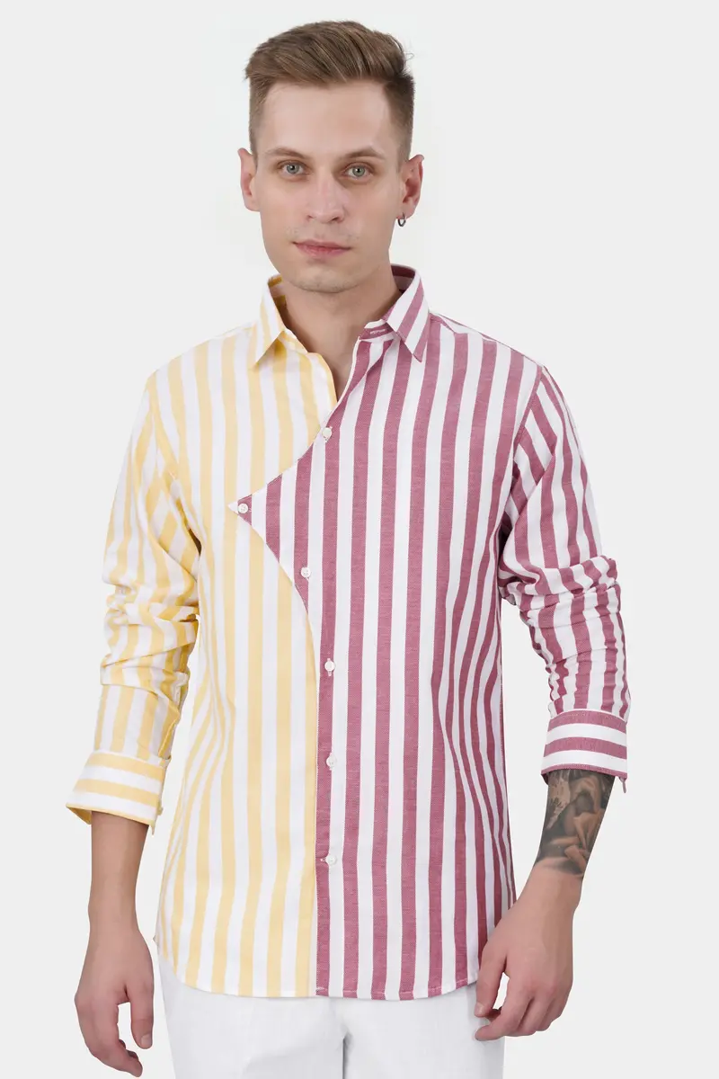 Hibiscus Pink With White And Navajo Yellow Striped Dobby Textured Premium Giza Cotton Designer Shirt 2
