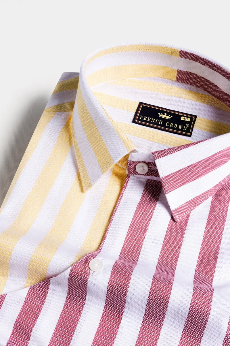 Hibiscus Pink With White And Navajo Yellow Striped Dobby Textured Premium Giza Cotton Designer Shirt 4