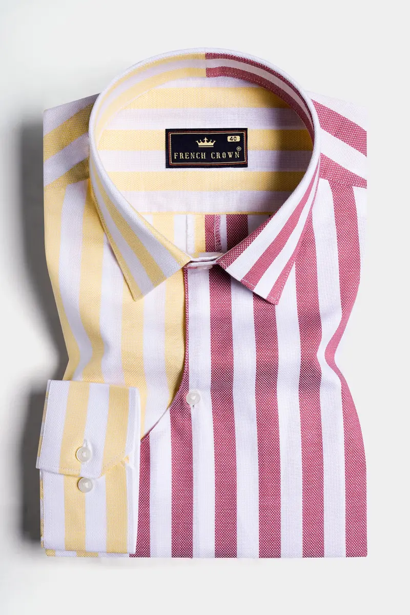 Hibiscus Pink With White And Navajo Yellow Striped Dobby Textured Premium Giza Cotton Designer Shirt 5