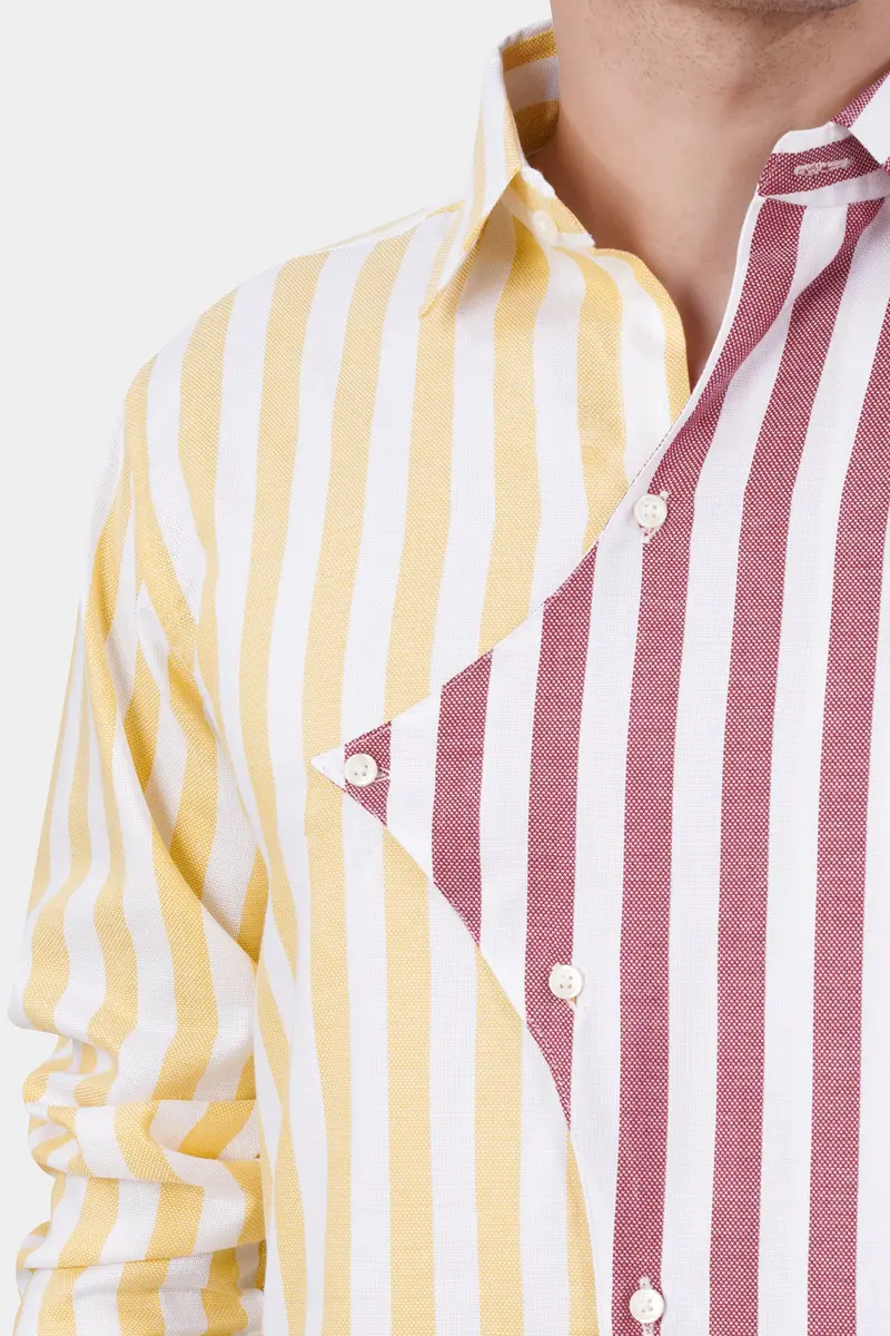 Hibiscus Pink With White And Navajo Yellow Striped Dobby Textured Premium Giza Cotton Designer Shirt 6