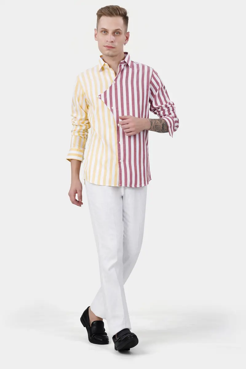 Hibiscus Pink With White And Navajo Yellow Striped Dobby Textured Premium Giza Cotton Designer Shirt 7