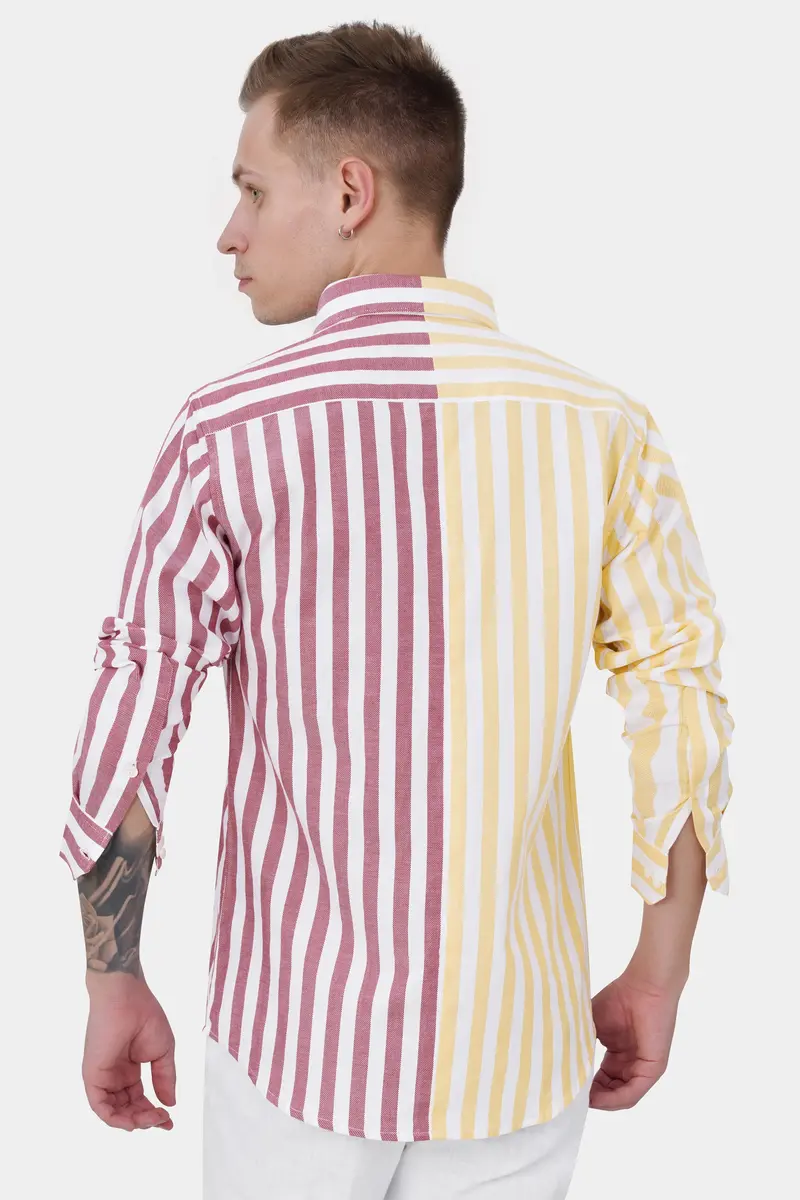 Hibiscus Pink With White And Navajo Yellow Striped Dobby Textured Premium Giza Cotton Designer Shirt 8
