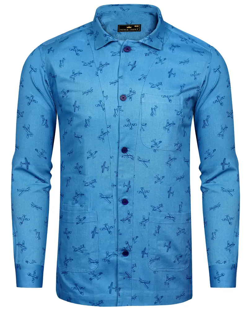 Hippie Blue Airplane Printed Royal Oxford Designer Overshirt 1
