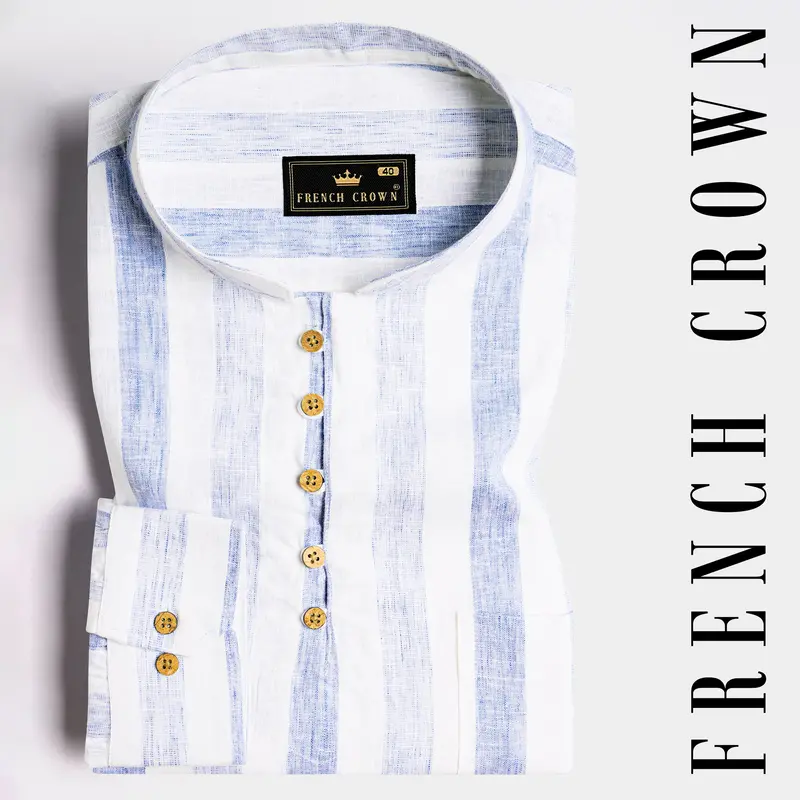 Hoki Blue And White Striped Luxurious Linen Kurta Shirt 1