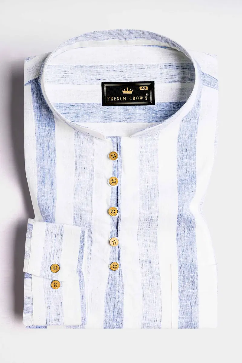 Hoki Blue And White Striped Luxurious Linen Kurta Shirt 2