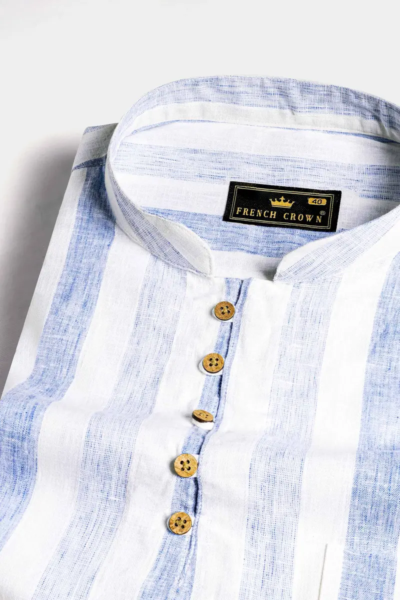 Hoki Blue And White Striped Luxurious Linen Kurta Shirt 4