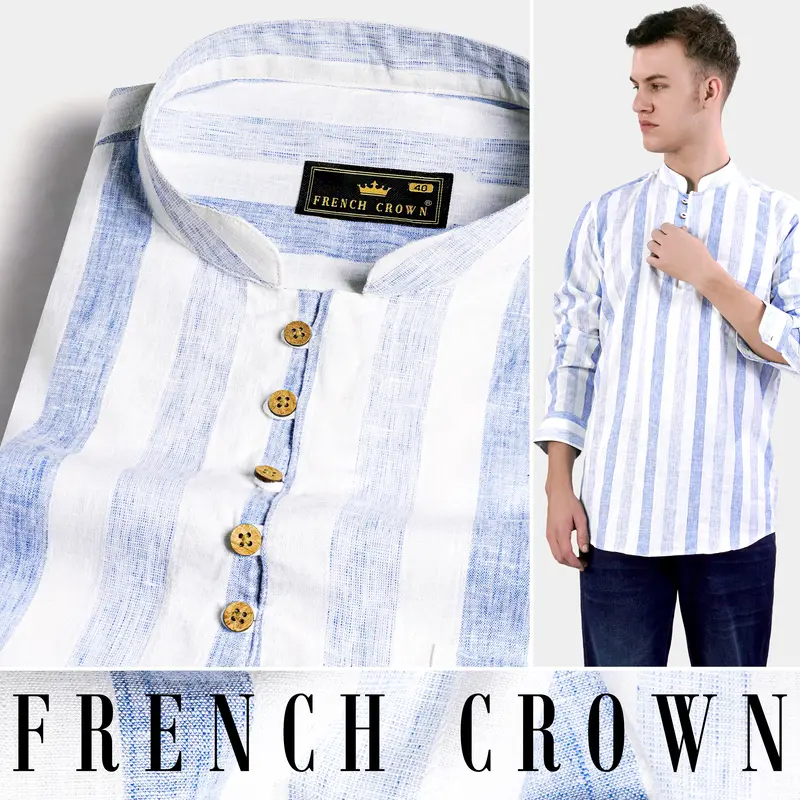 Hoki Blue And White Striped Luxurious Linen Kurta Shirt 5