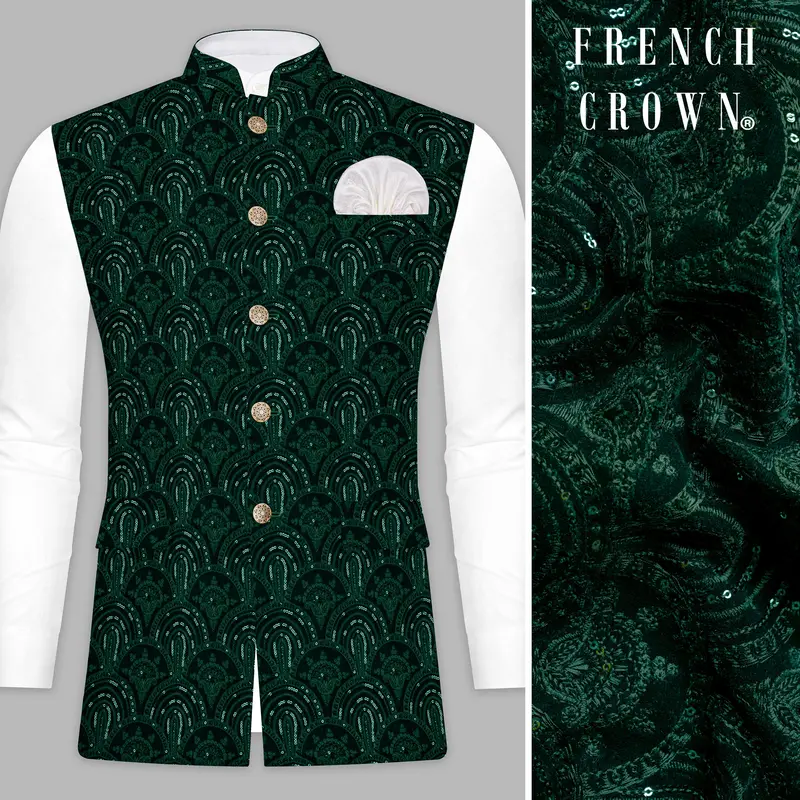 Holly Green Velvet Sequins And Thread Embroidered Nehru Jacket 1