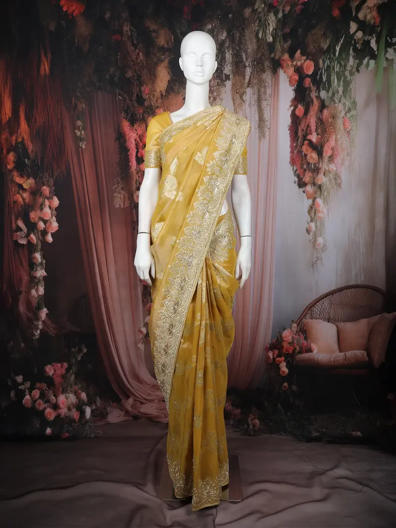 Honey Yellow Floral Zari Embroidered Tissue Silk Saree With Designer Border 1