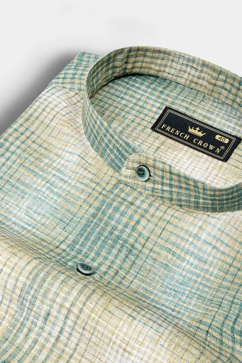 Horizon Blue And Hillary Cream Checkered Luxurious Linen Shirt 1