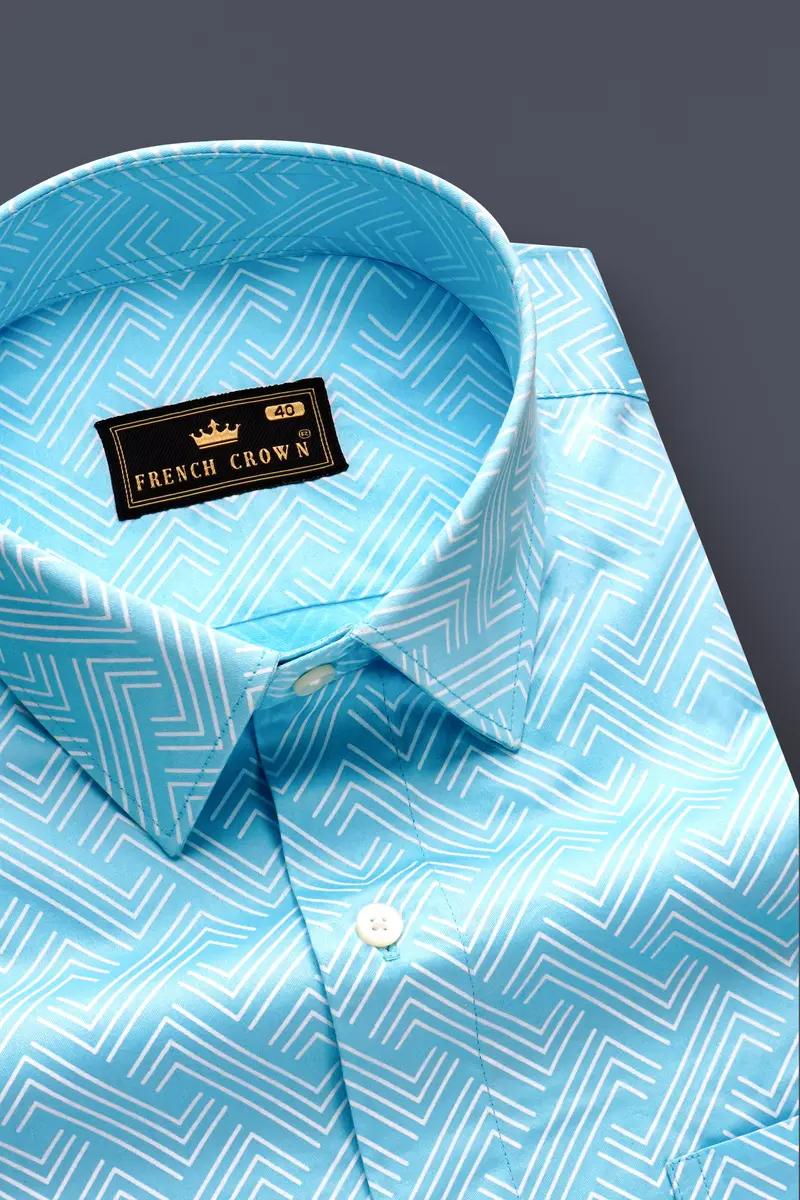 Horizon-Columbia Blue Brick Path Printed Subtle Sheen Super Soft Premium Cotton Semi Formal Shirt 1