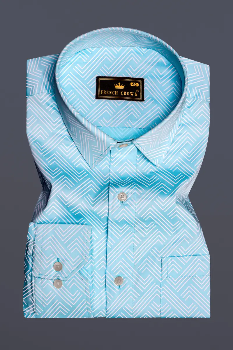 Horizon-Columbia Blue Brick Path Printed Subtle Sheen Super Soft Premium Cotton Semi Formal Shirt 3