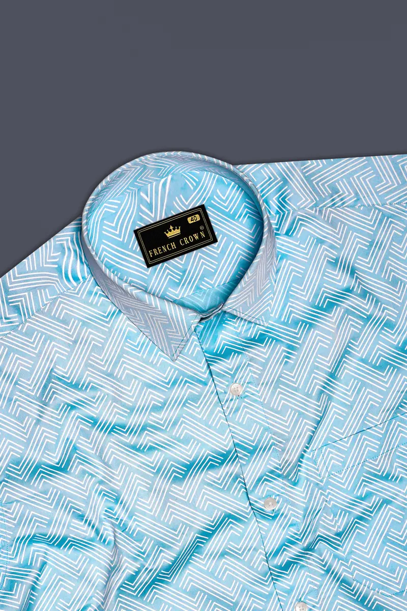 Horizon-Columbia Blue Brick Path Printed Subtle Sheen Super Soft Premium Cotton Semi Formal Shirt 4