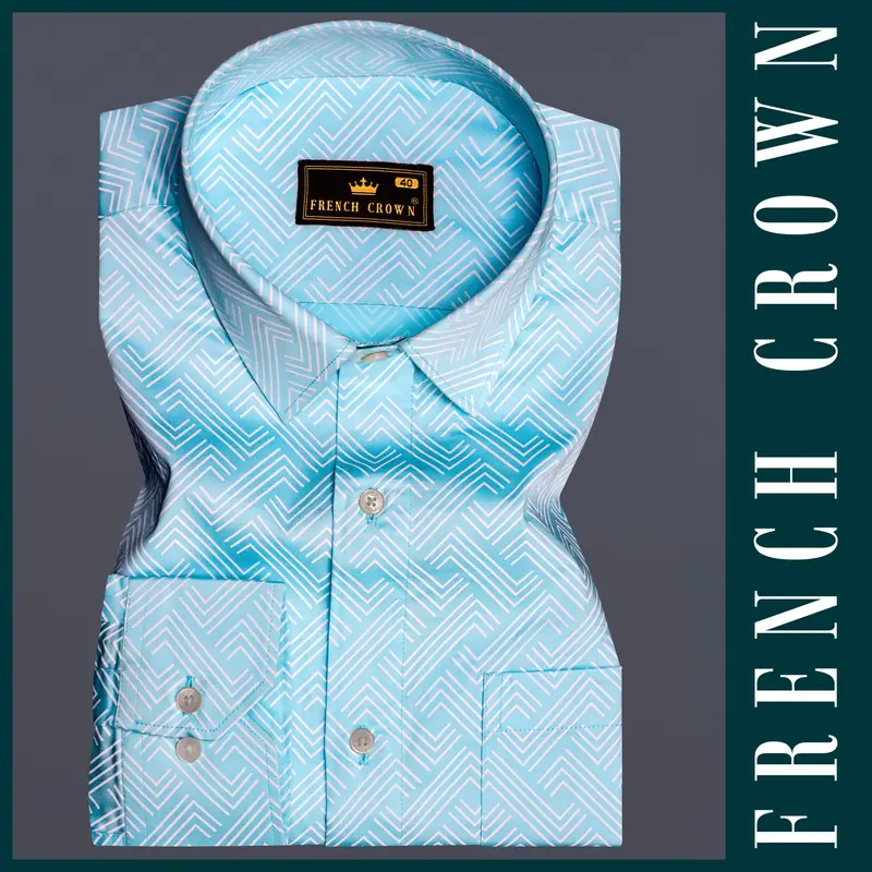 Horizon-Columbia Blue Brick Path Printed Subtle Sheen Super Soft Premium Cotton Semi Formal Shirt 5