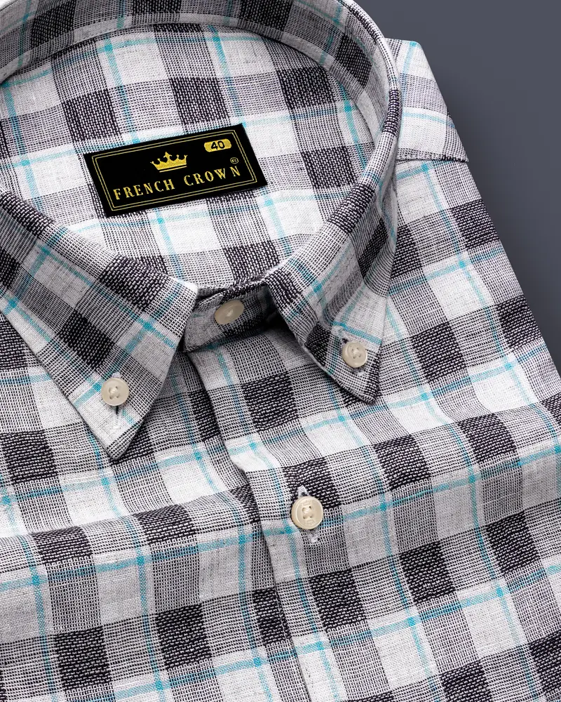 Horizvra-Vista White And Horizon Blue Plaid Luxurious Linen Semi Formal Shirt 1