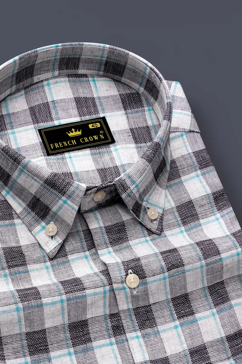 Horizvra-Vista White And Horizon Blue Plaid Luxurious Linen Semi Formal Shirt 2