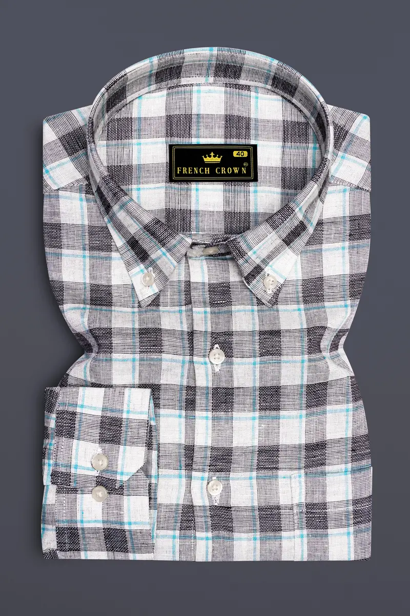 Horizvra-Vista White And Horizon Blue Plaid Luxurious Linen Semi Formal Shirt 4