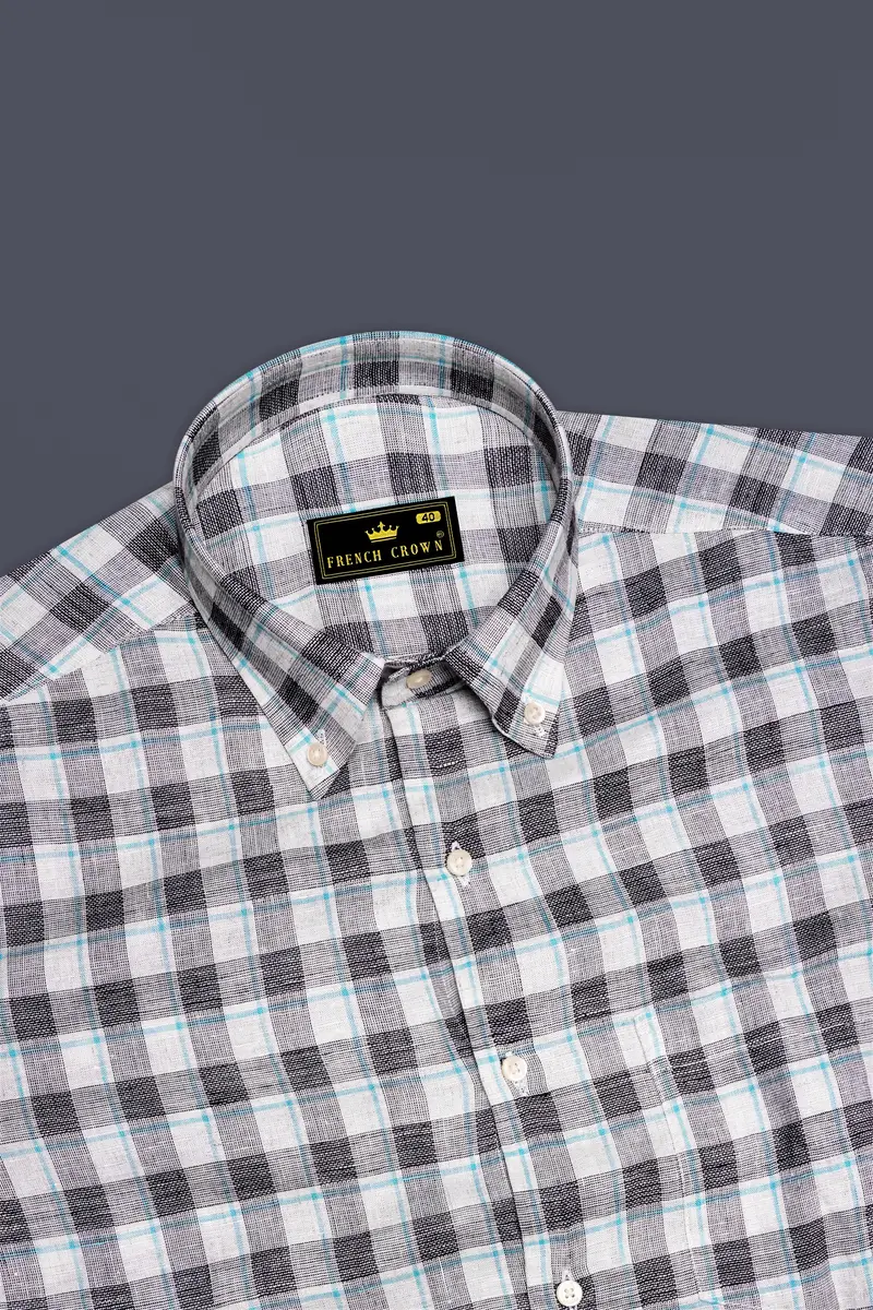 Horizvra-Vista White And Horizon Blue Plaid Luxurious Linen Semi Formal Shirt 5
