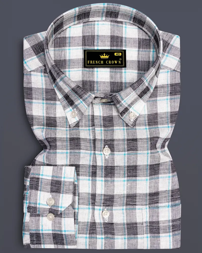 Horizvra-Vista White And Horizon Blue Plaid Luxurious Linen Semi Formal Shirt 6