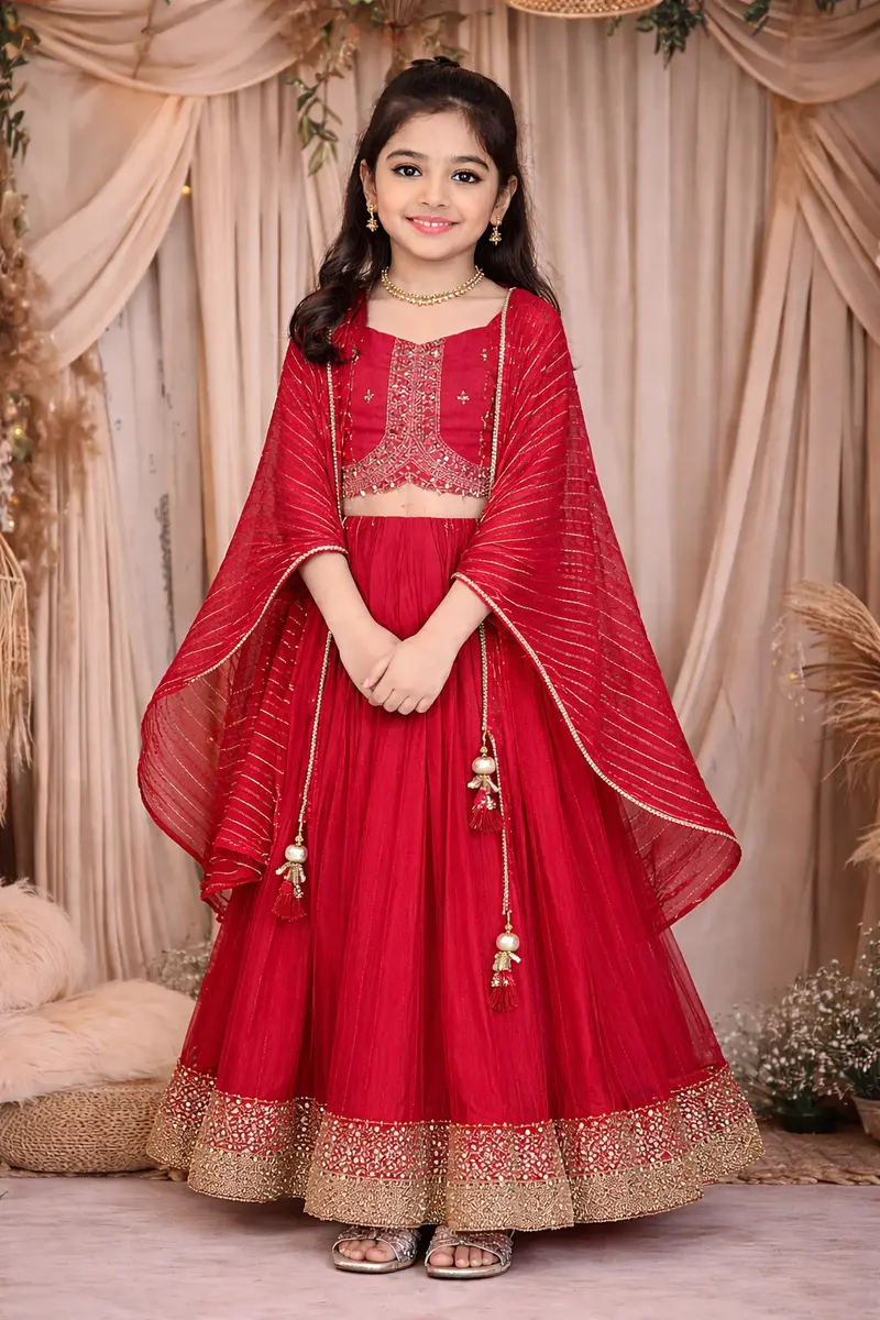 Hot Pink Embellished Design Crepe Kids Lehenga With Striped Dupatta 1