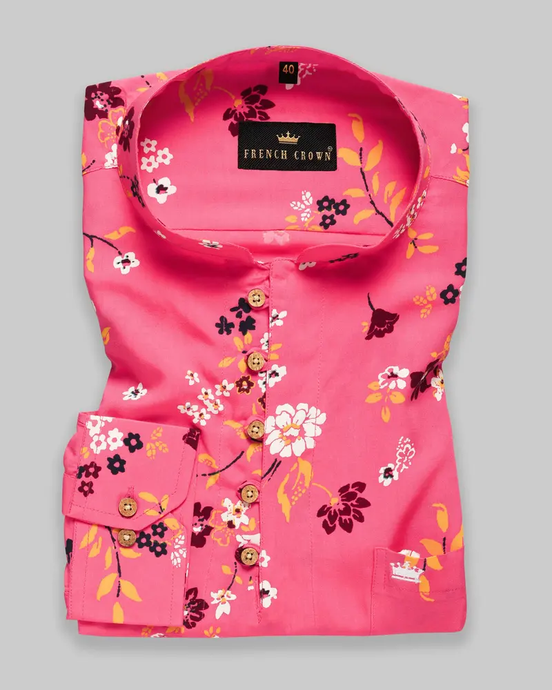 Hot Pink Flowers Printed Kurta Style Premium Cotton Shirt 1