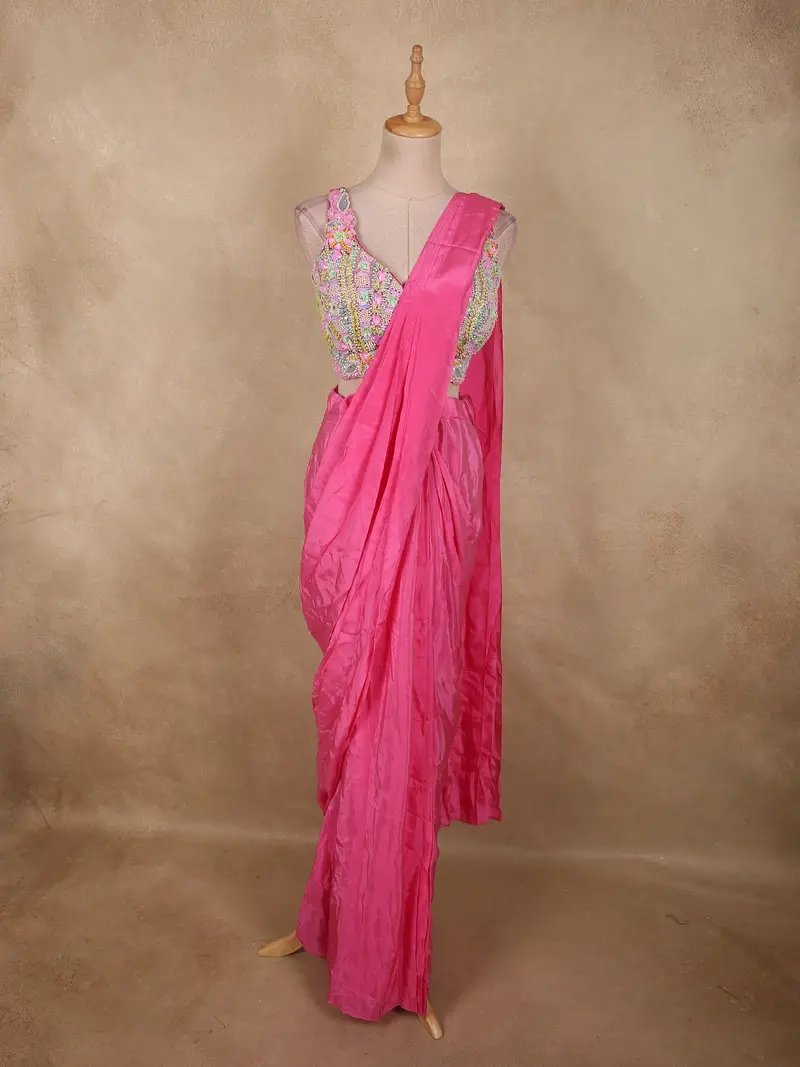Hot Pink Solid Design Satin Ready To Wear Draped Saree With Designer Blouse 1