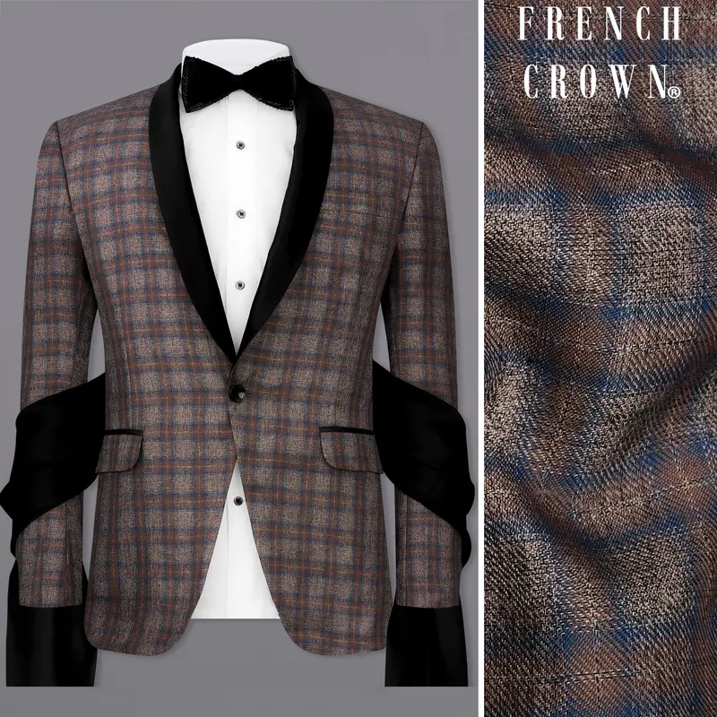 Hurricane Brown Plaid Tuxedo Designer Blazer With Shawl 1