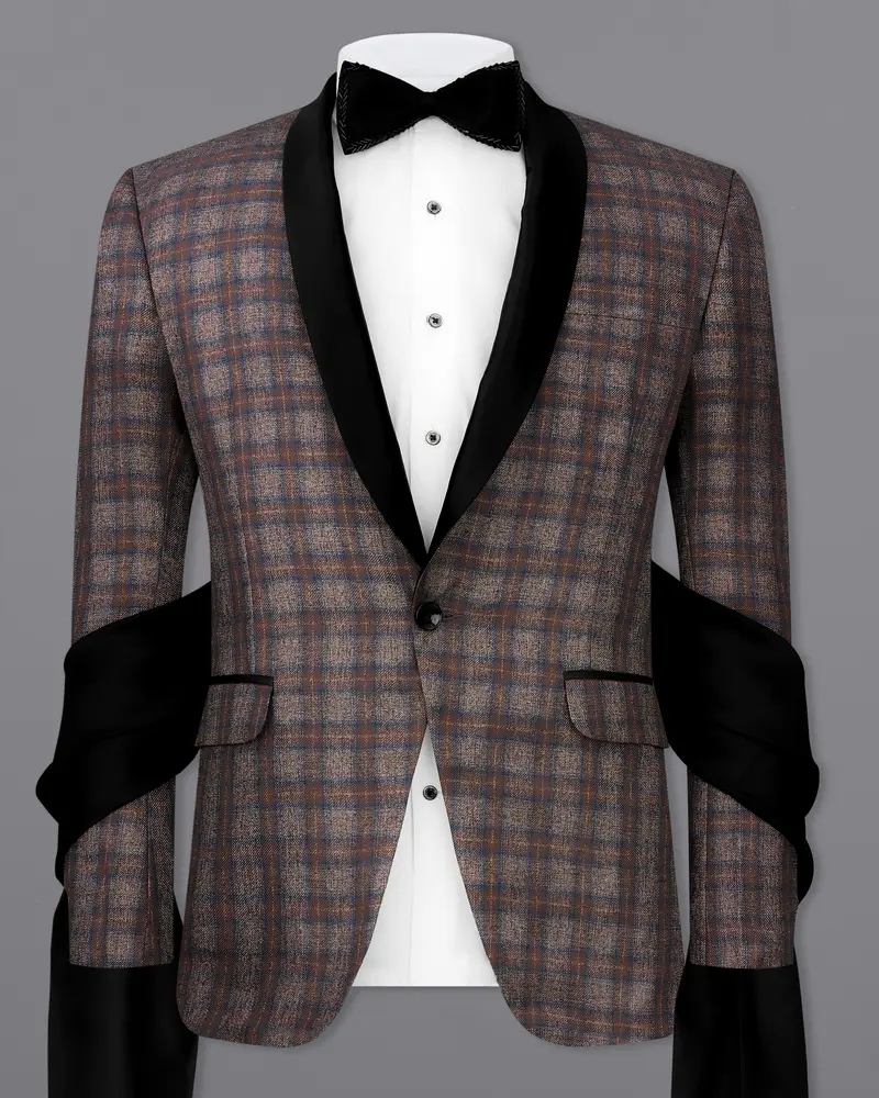 Hurricane Brown Plaid Tuxedo Designer Blazer With Shawl 2