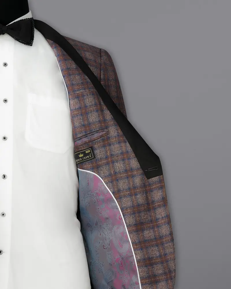 Hurricane Brown Plaid Tuxedo Designer Blazer With Shawl 7