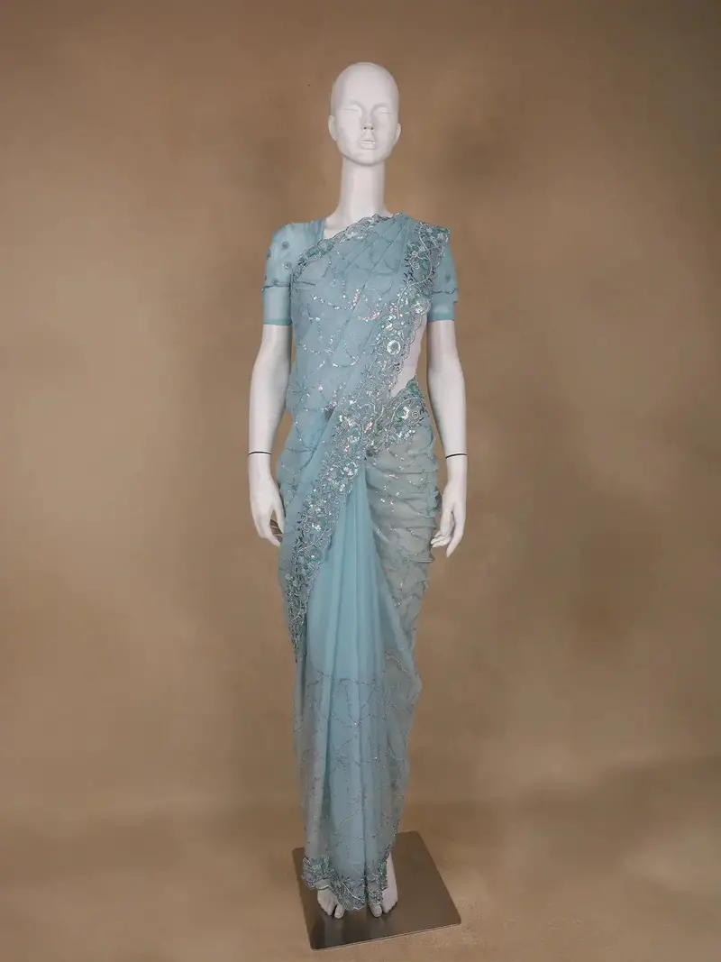 Ice Blue Floral Designed Organza Designer Saree 1