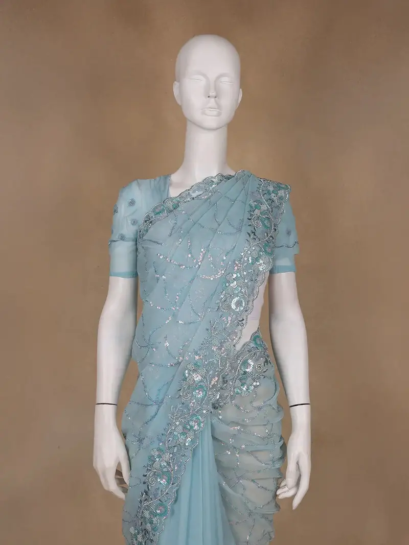 Ice Blue Floral Designed Organza Designer Saree 2