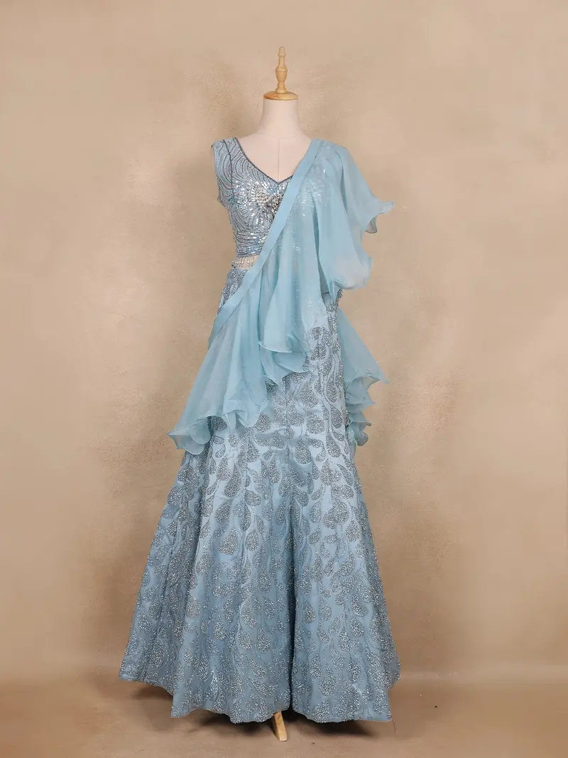 Ice Blue Sequins Embroidery Net Lehenga 1