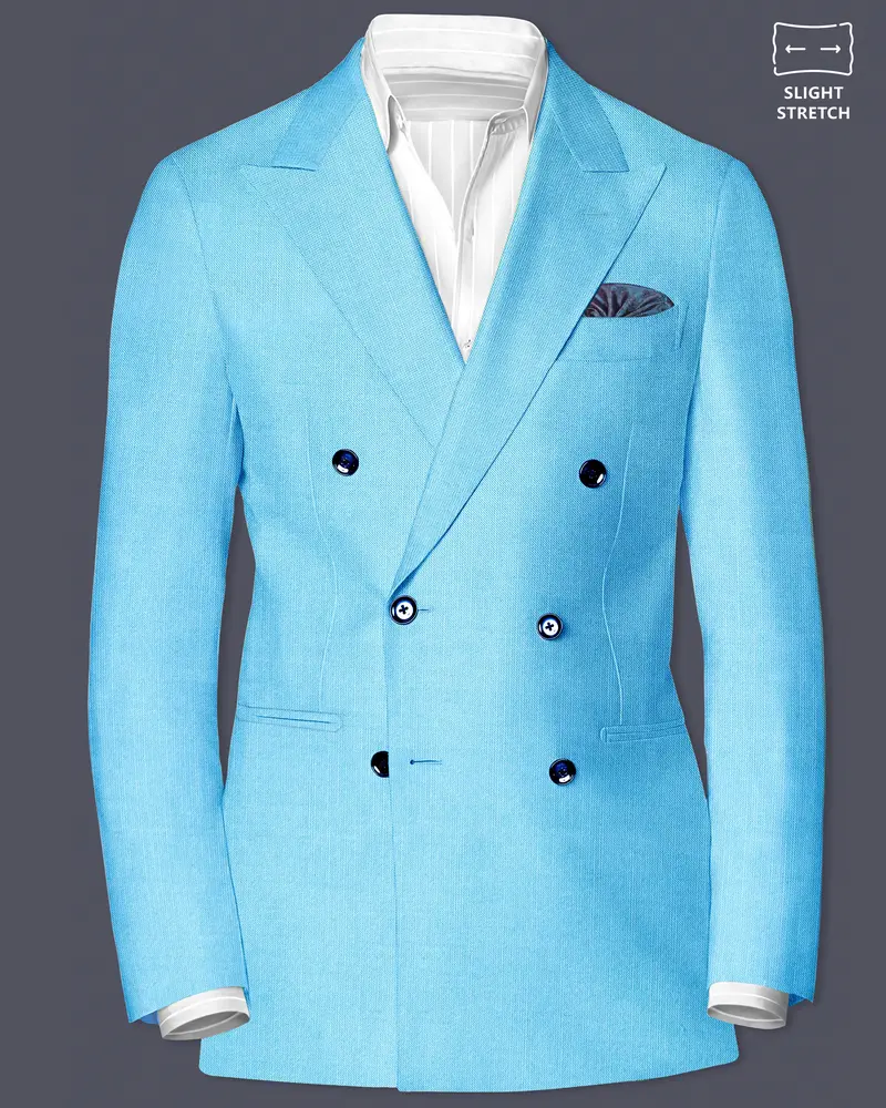 Iceland-Aquamarine Blue Solid Wool Rich Double Breasted Slight Stretch Blazer 1