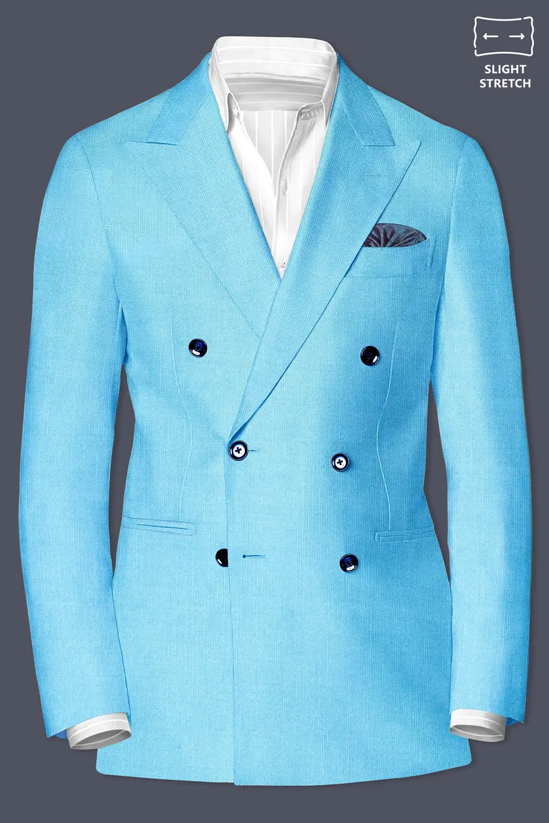 Iceland-Aquamarine Blue Solid Wool Rich Double Breasted Slight Stretch Blazer 2