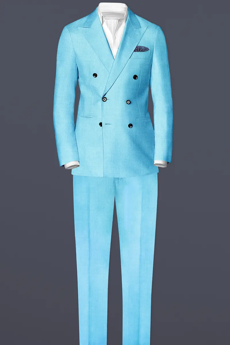 Iceland-Aquamarine Blue Solid Wool Rich Double Breasted Slight Stretch Blazer 4