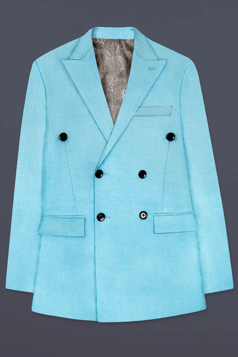 Iceland-Aquamarine Blue Solid Wool Rich Double Breasted Slight Stretch Blazer 8