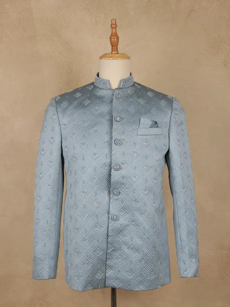 Icy Blue Geometric Design Viscose Men's Suit 1