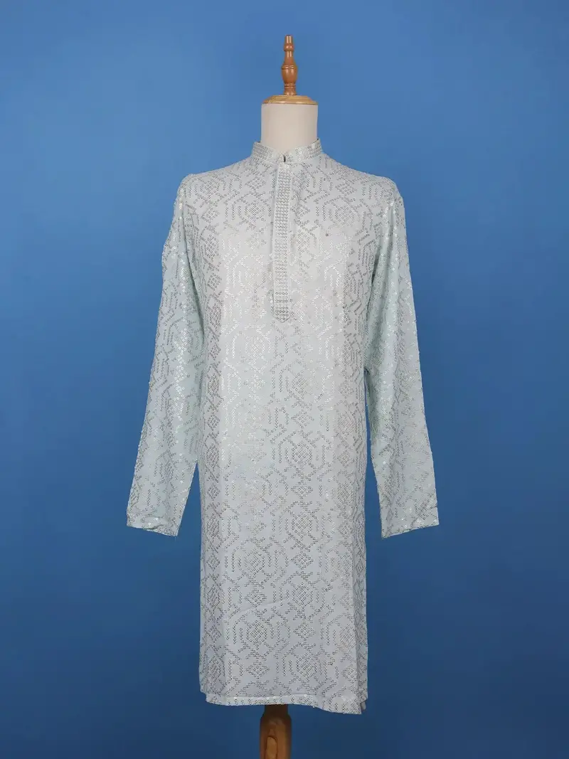 Icy Blue Geometric Sequin Designed Cotton Kurta 1