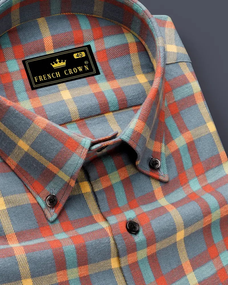 Ignivon-Raven Gray And Shocking Orange Plaid Flannel Premium Cotton Casual Shirt 1