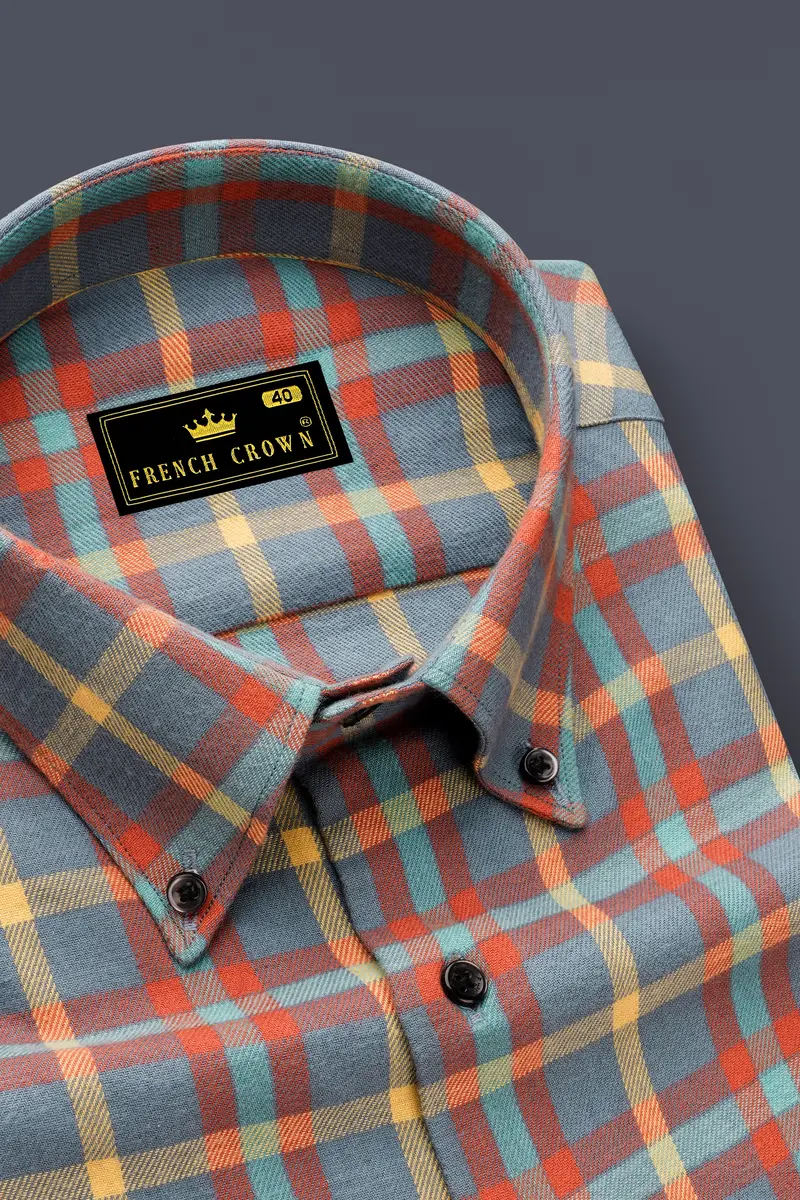 Ignivon-Raven Gray And Shocking Orange Plaid Flannel Premium Cotton Casual Shirt 2