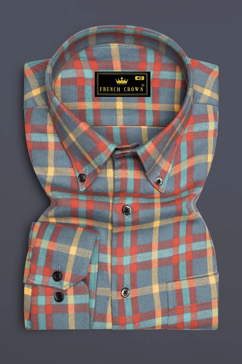 Ignivon-Raven Gray And Shocking Orange Plaid Flannel Premium Cotton Casual Shirt 4