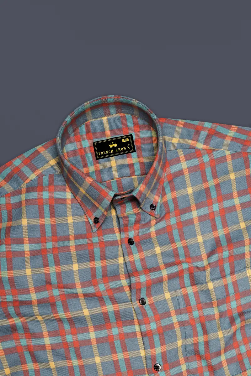 Ignivon-Raven Gray And Shocking Orange Plaid Flannel Premium Cotton Casual Shirt 5