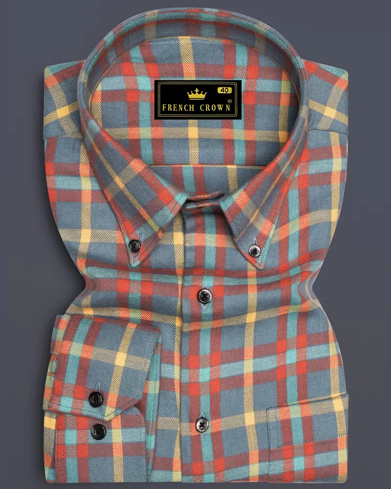 Ignivon-Raven Gray And Shocking Orange Plaid Flannel Premium Cotton Casual Shirt 6