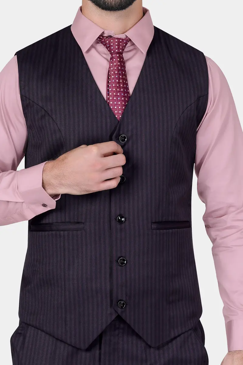 Imperial Purple And Black Striped Wool Rich Waistcoat 2