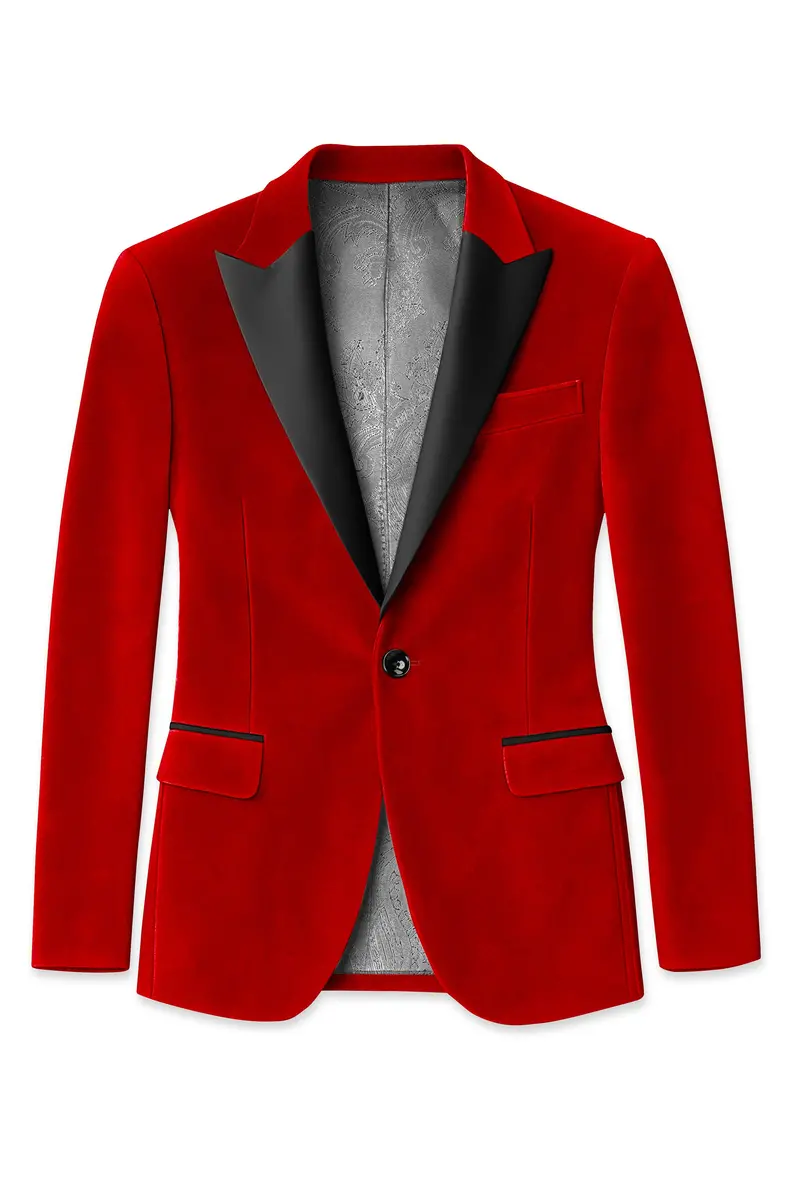 Imperio-Crimson Red Velvet Peak Lapel Tuxedo Blazer 7