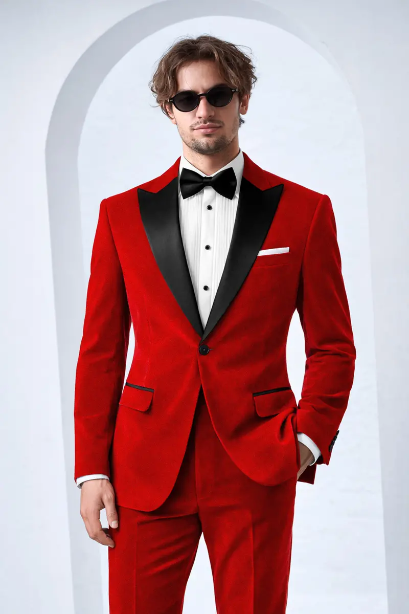 Imperio-Crimson Red Velvet Peak Lapel Tuxedo Suit 12